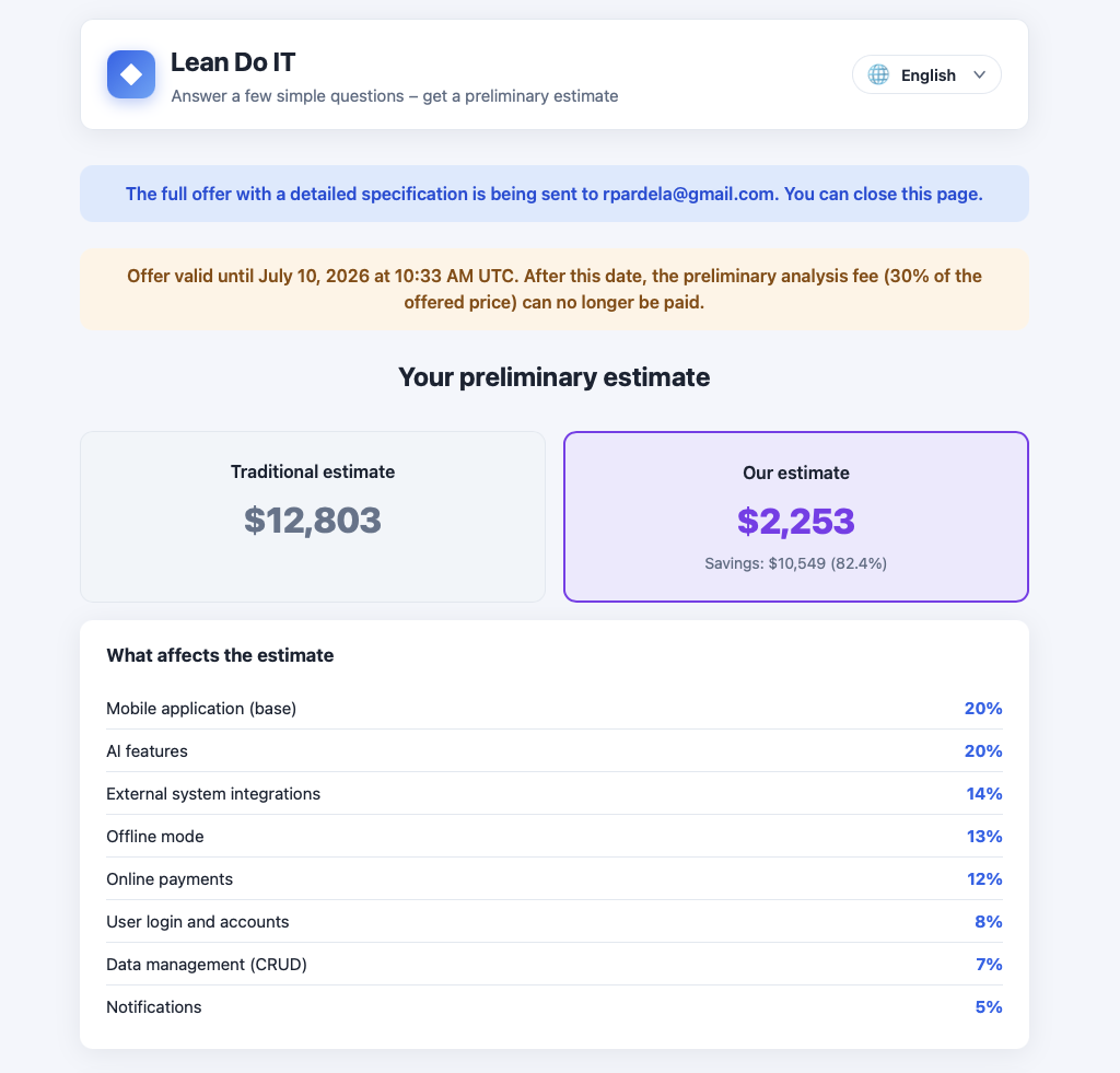 Lean Do IT estimate comparison showing traditional delivery cost versus AI-assisted offered price